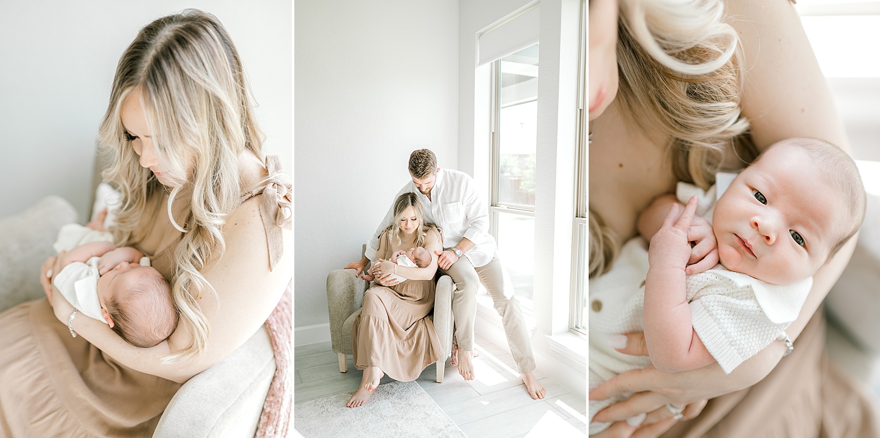 newborn boy in white outfit help close in mom's arms | Top 5 Questions To Ask Your Newborn Photographer