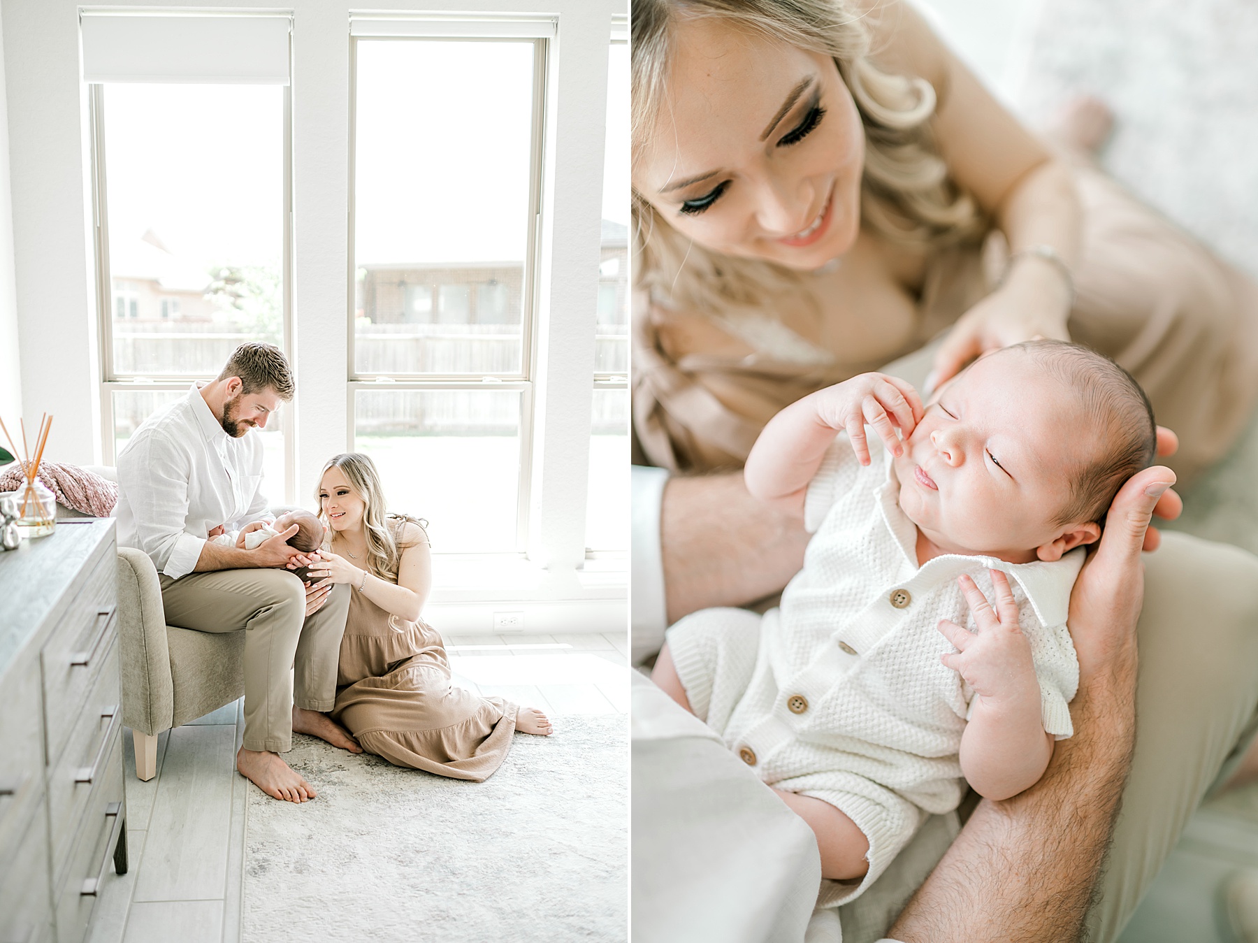 mom and dad look at newborn during in-home lifestyle newborn session