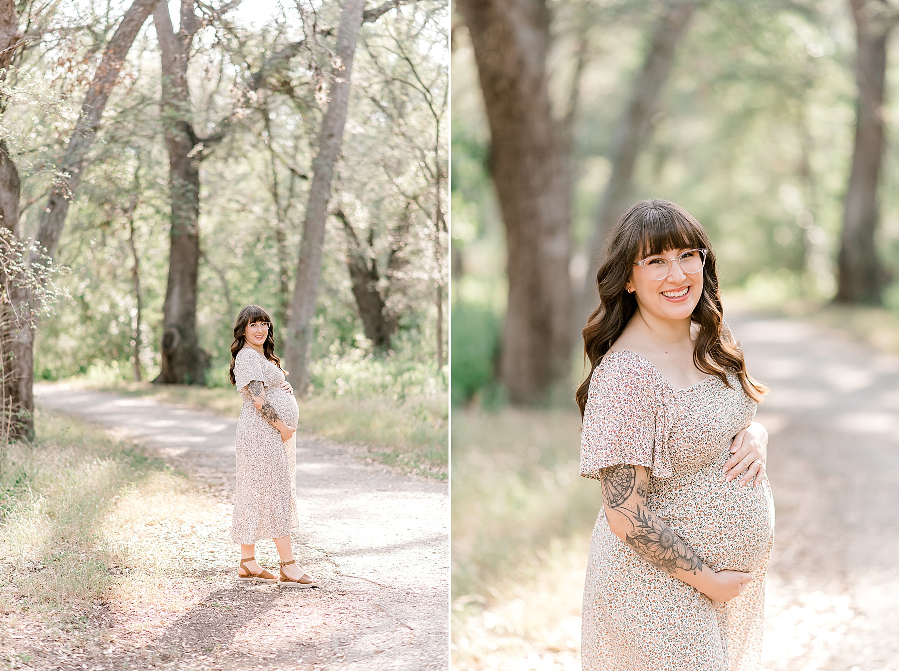 expectant mom in floral dress hugs baby bump