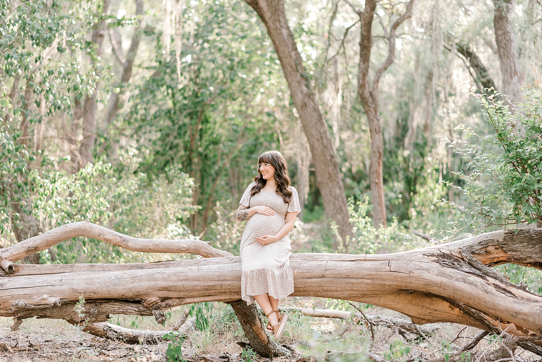 momma-to-be sits on fallen tree in wooden area during maternity photos