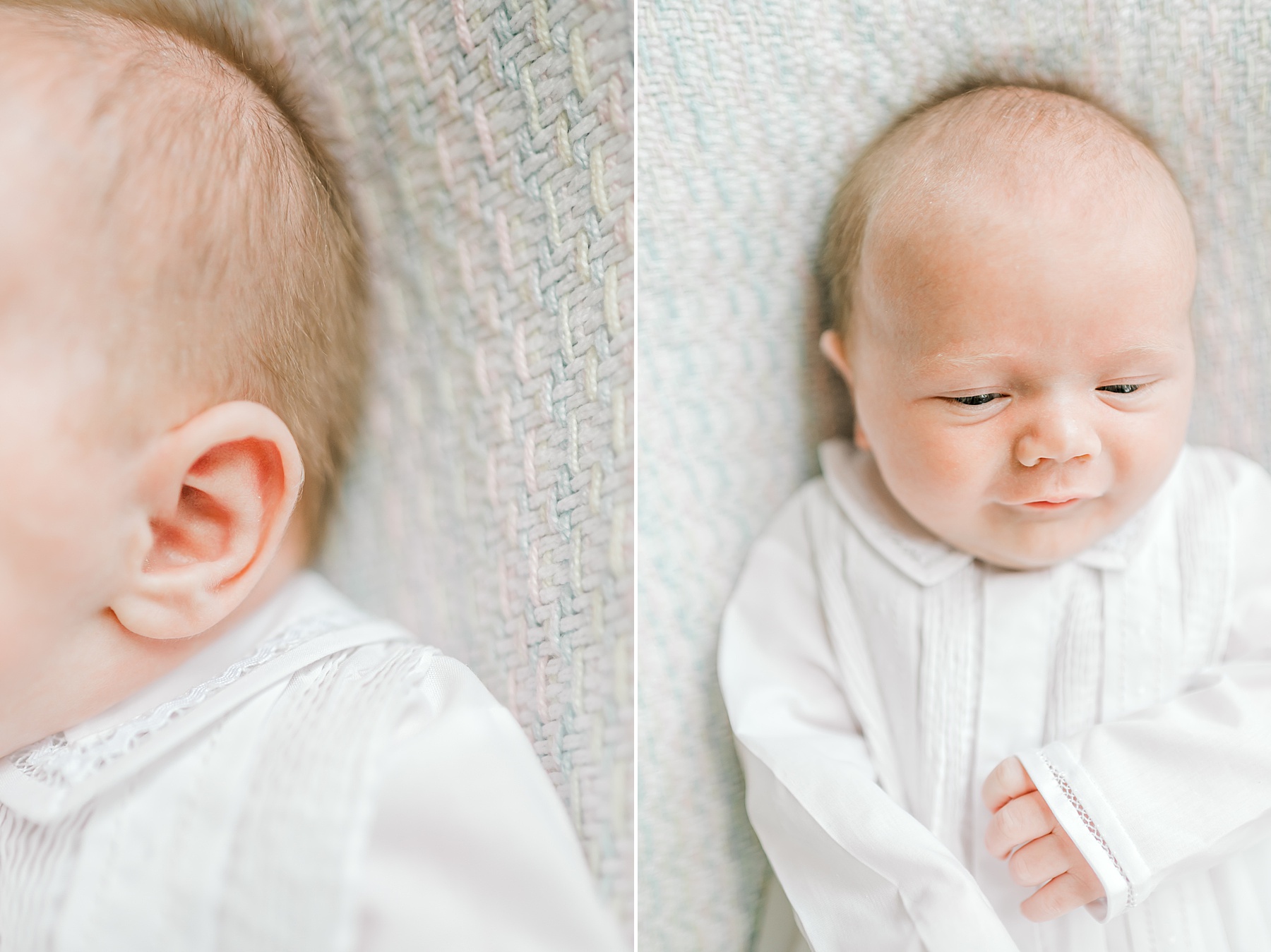 newborn boy in white outfit