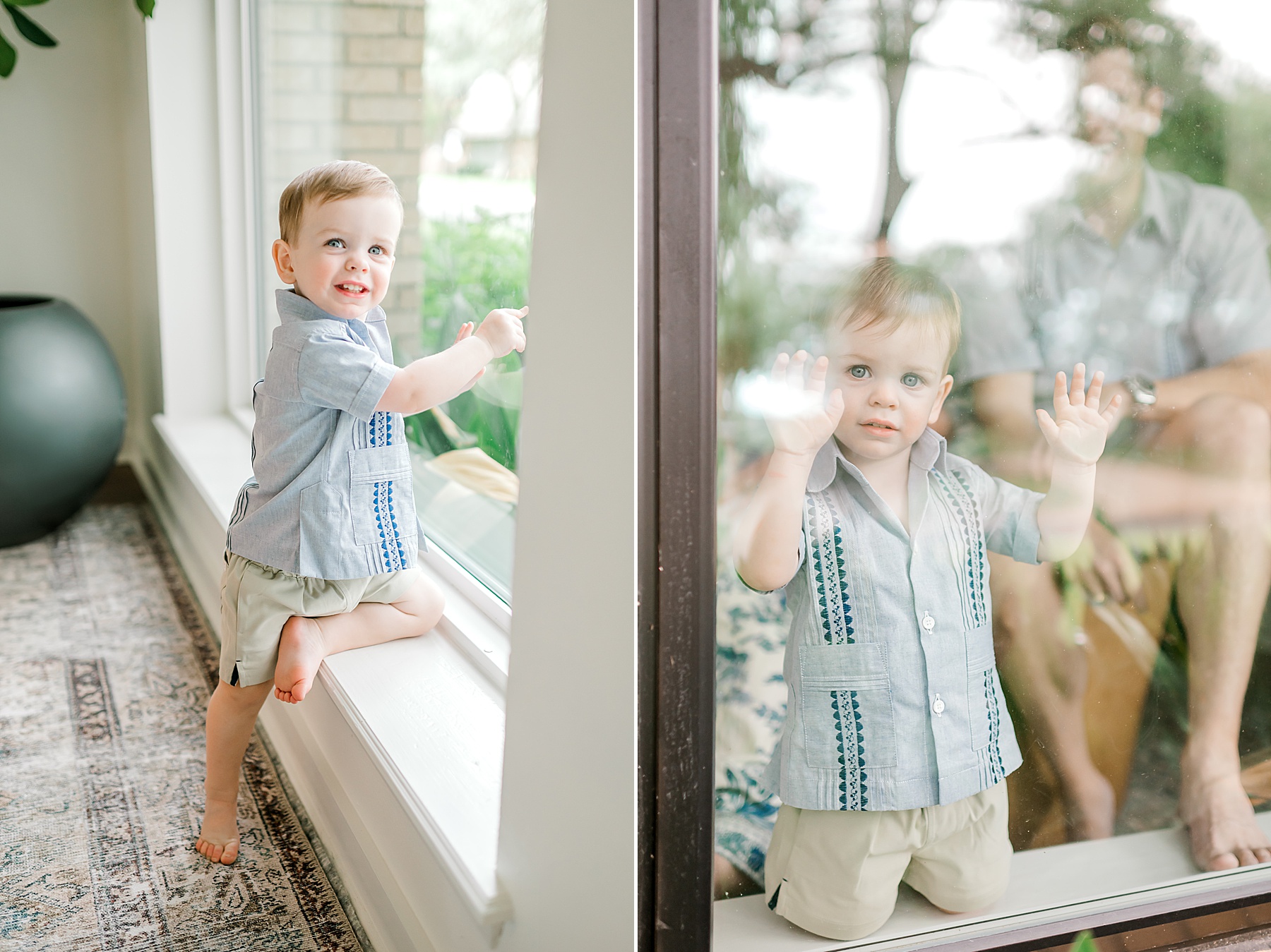 little boy looks out window