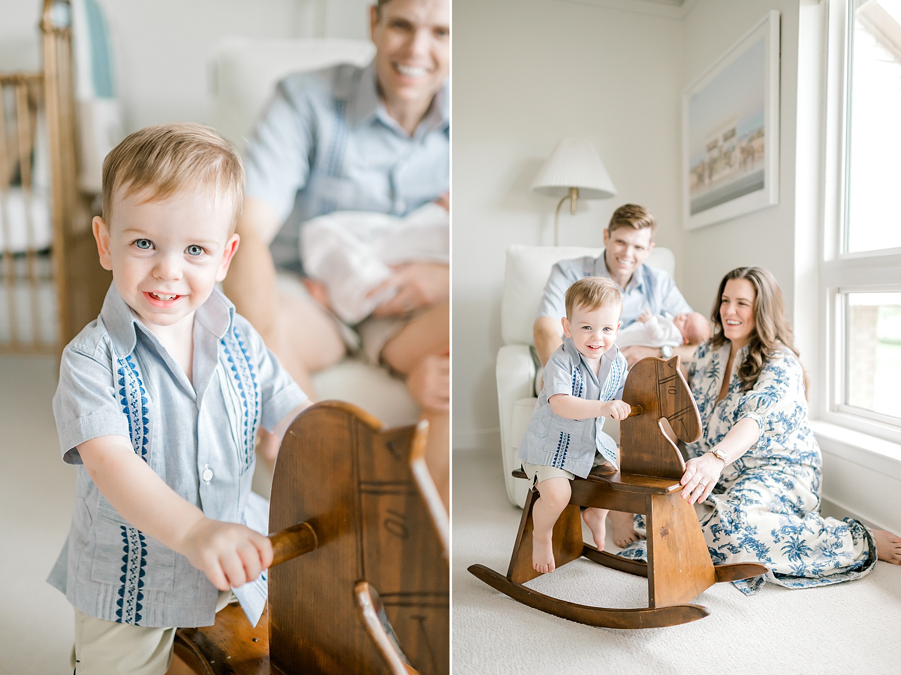 little boy plays on rocking horse
