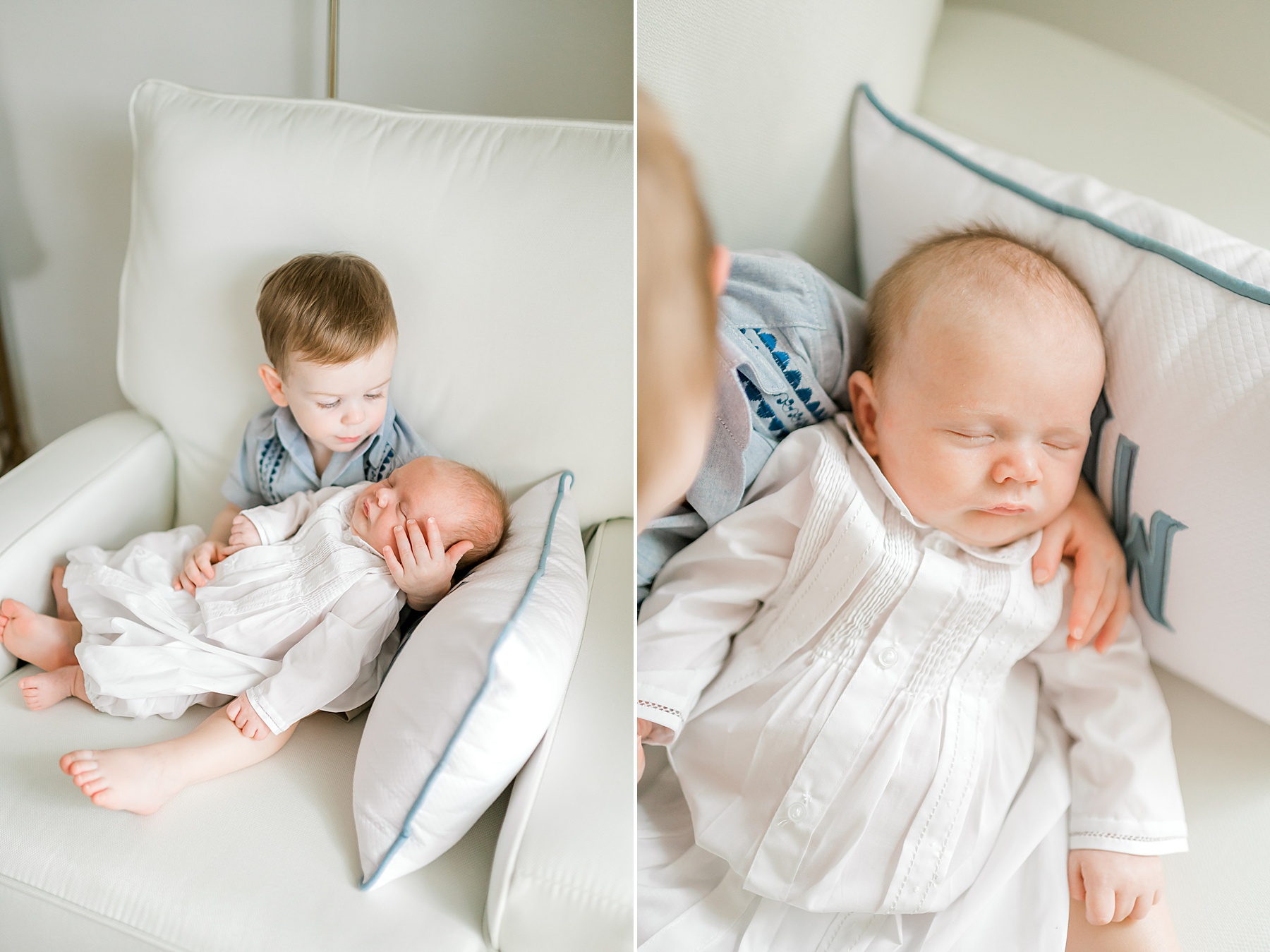 big brother holds brother while sitting in white chair