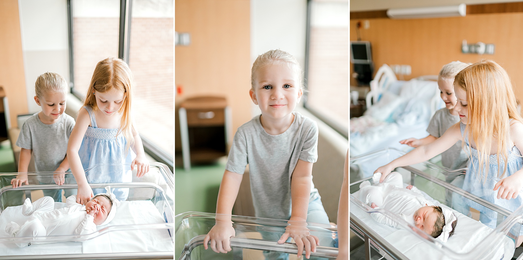 siblings admire baby sister in hospital 