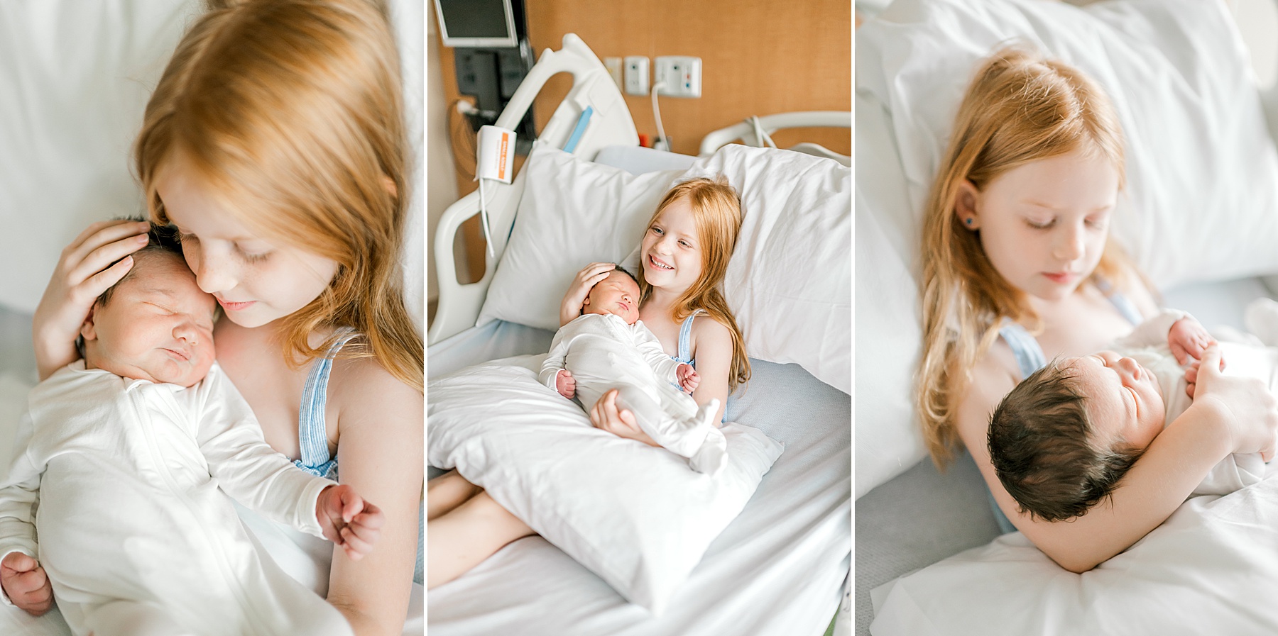 tender moments of big sister holding newborn sister 