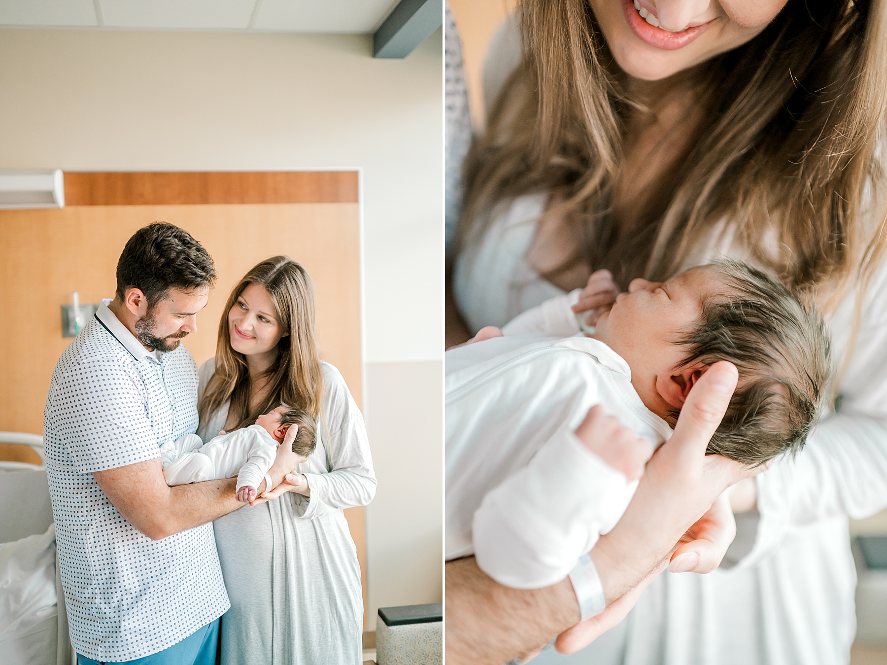 dad holds newborn girl as mom stands close by looking lovingly at baby