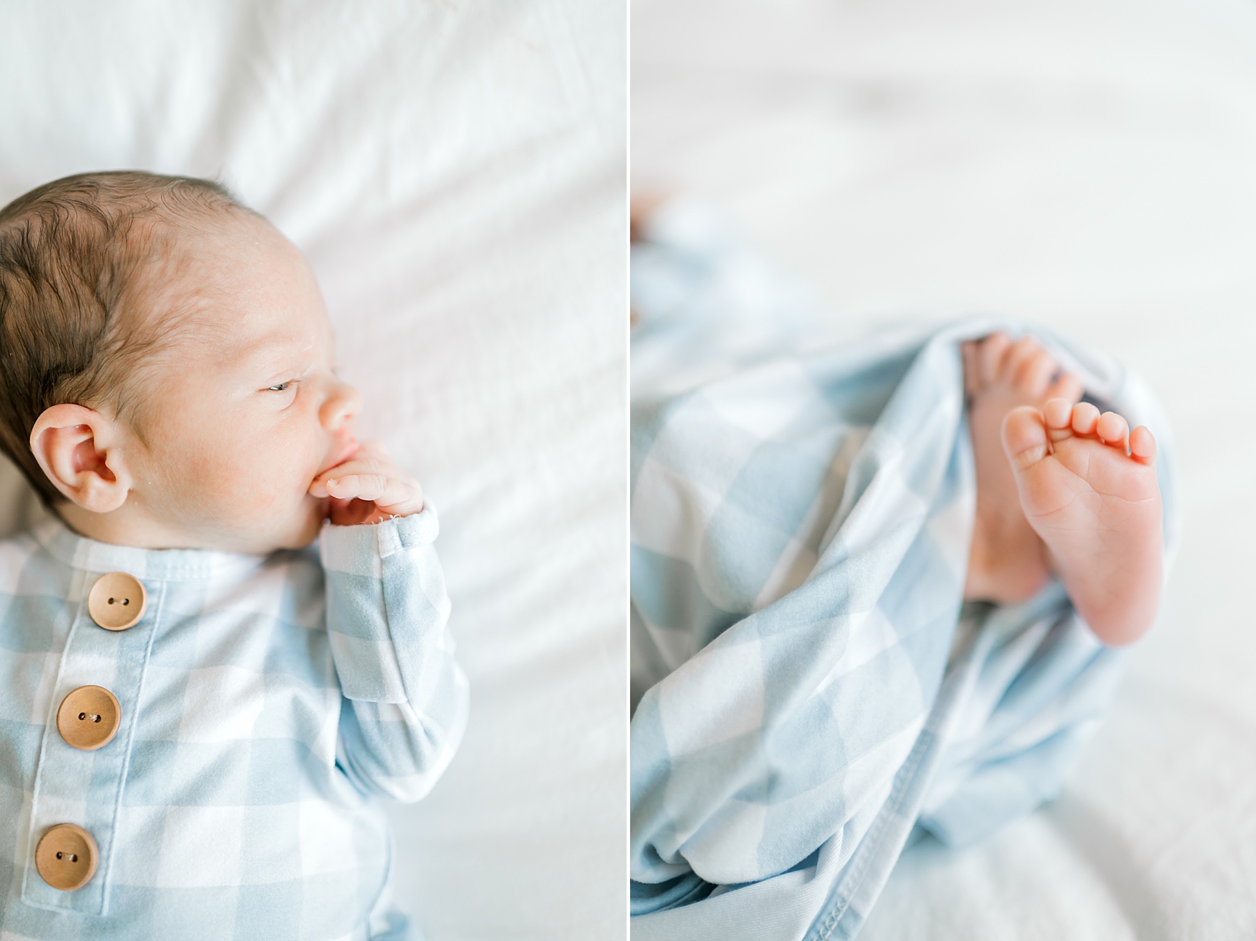 newborn boy in blue and white plaid onesie