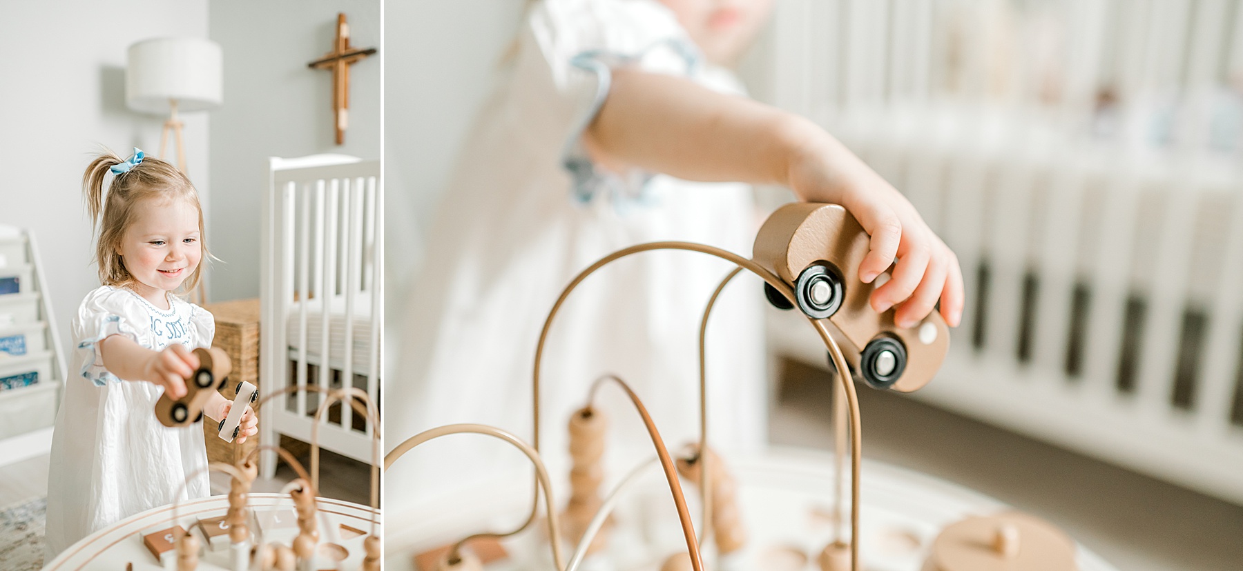 older sibling plays with toys in nursery 