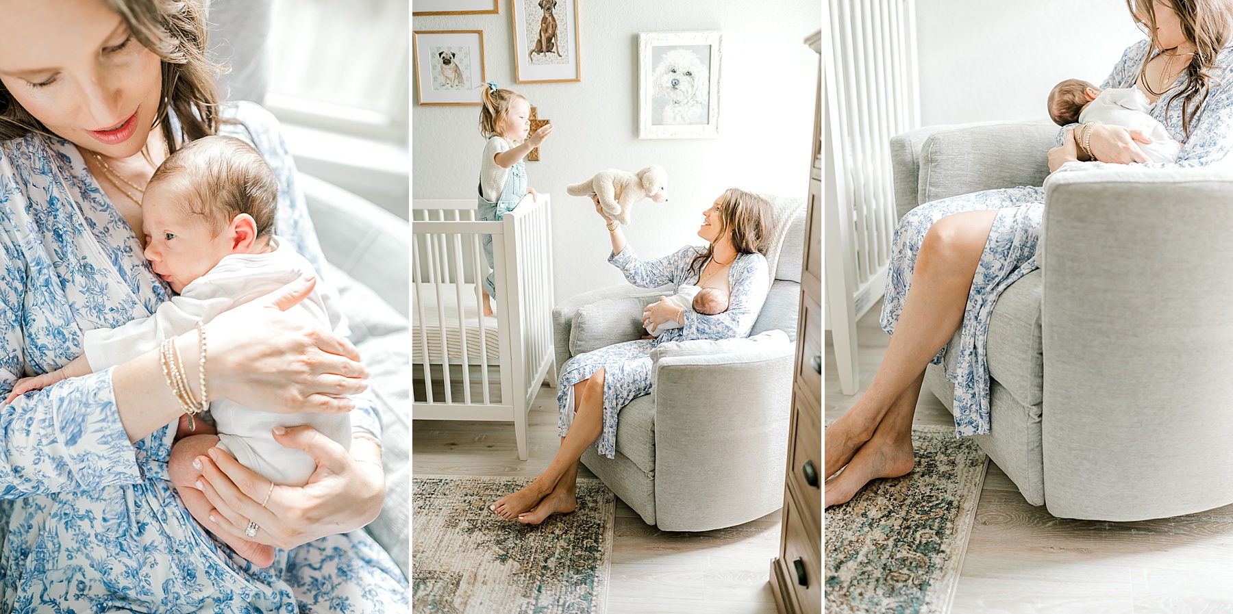 mom holds newborn boy in chair