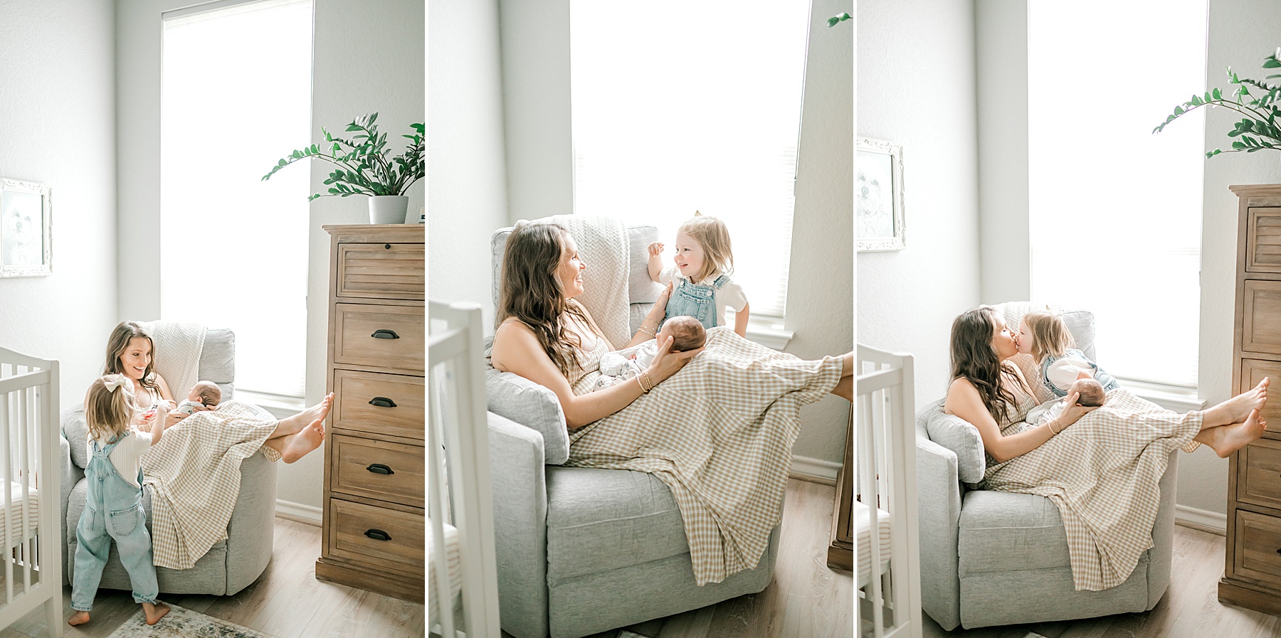 mom cradles newborn sitting in chair