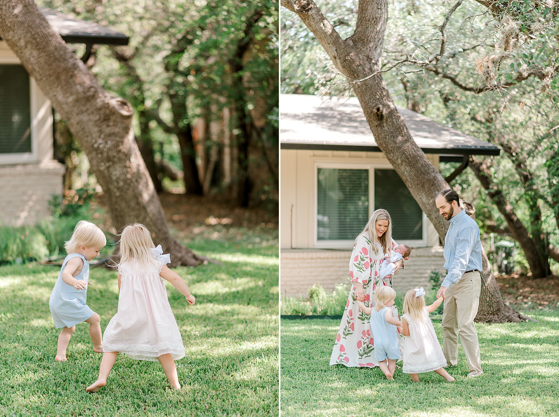family plays and spins in front yard during candid in-home newborn session