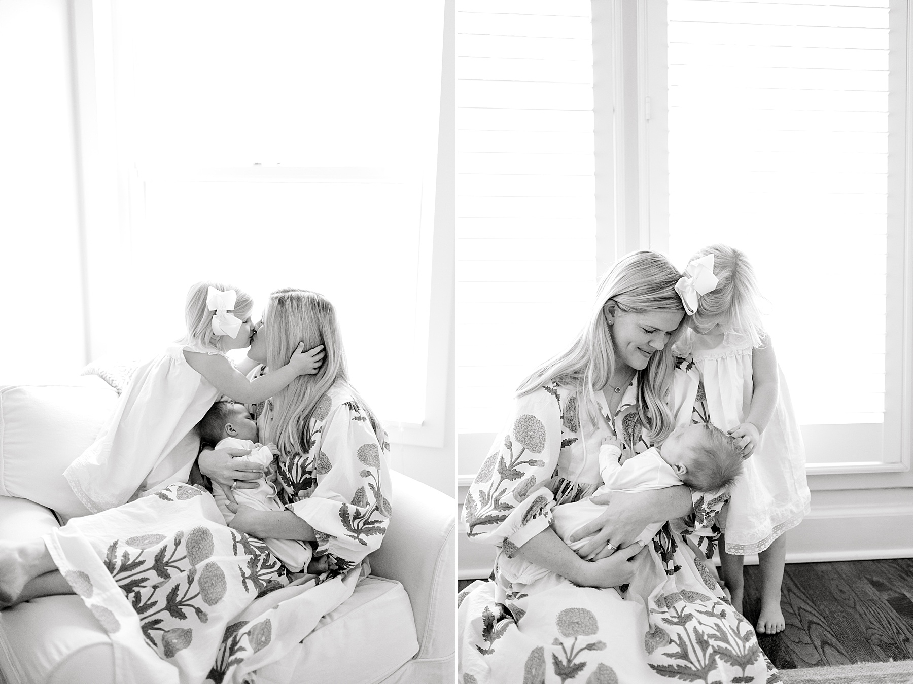 mom holds newborn as big sister affectionately loves on them