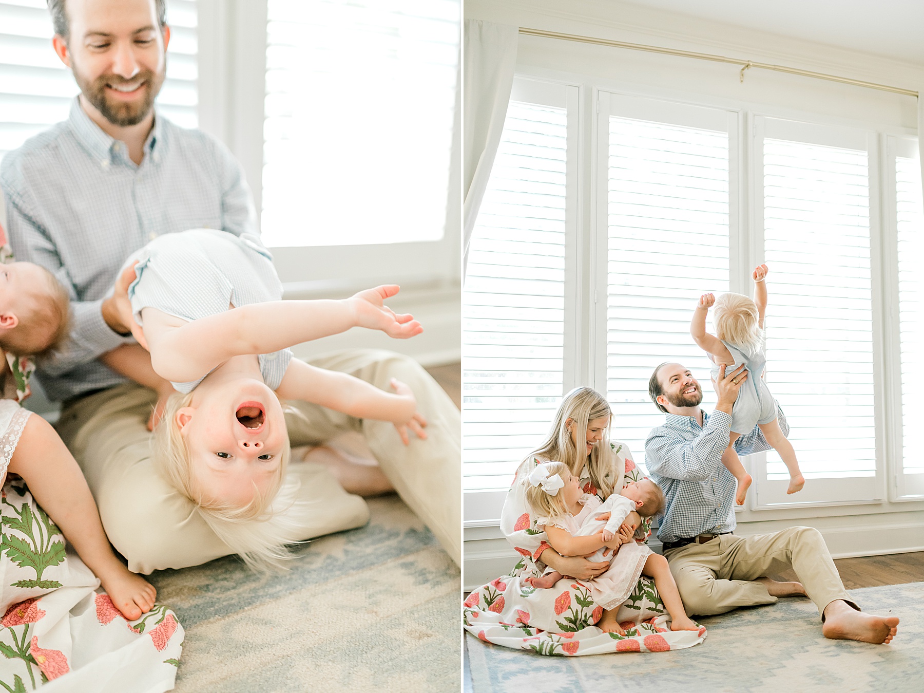 dad plays with his older children during in-home newborn session
