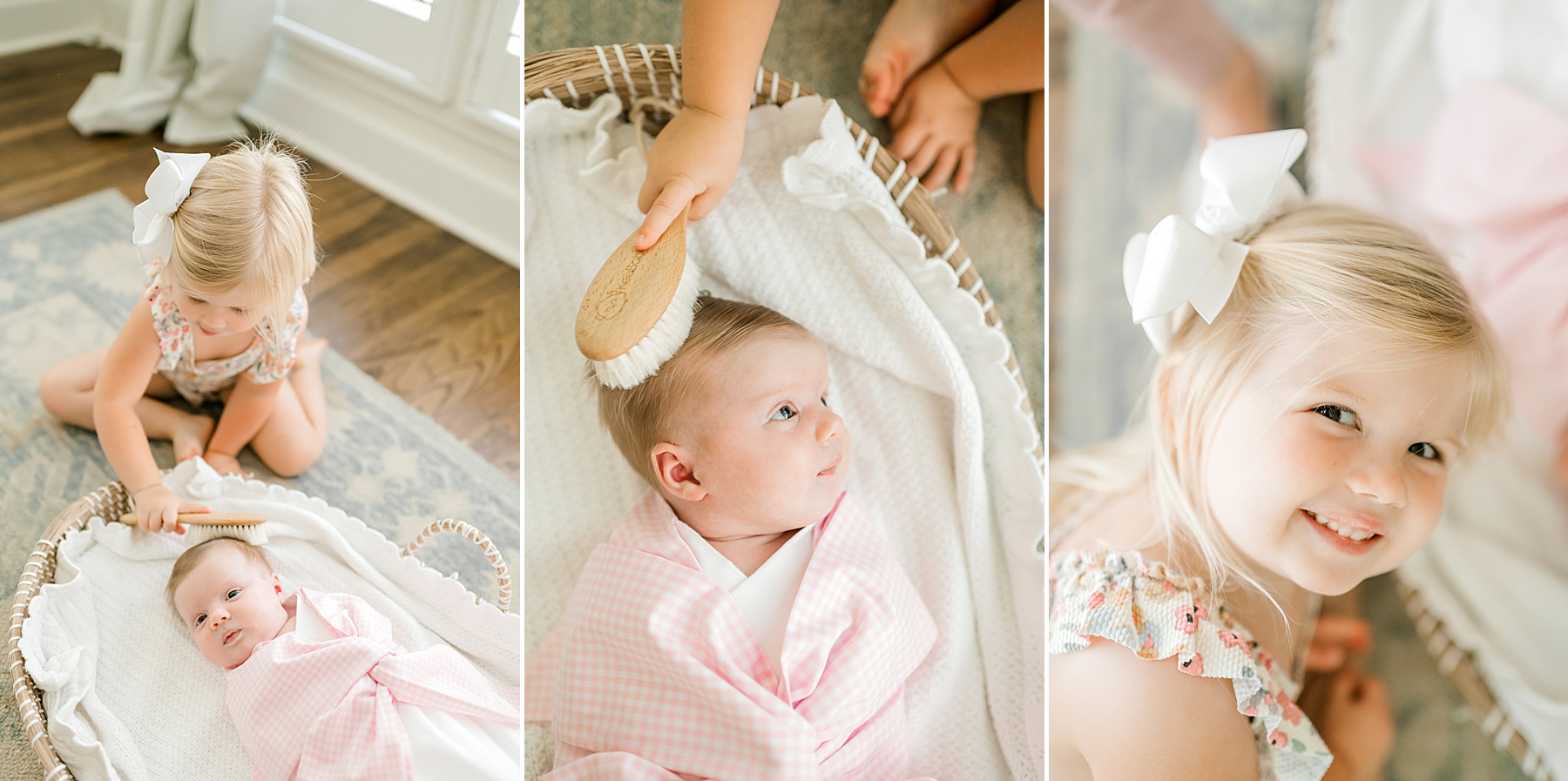 candid photos of big sister combing newborn sister's hair | What You Don't Need For an In-Home Session by Bulverde, TX Photographer