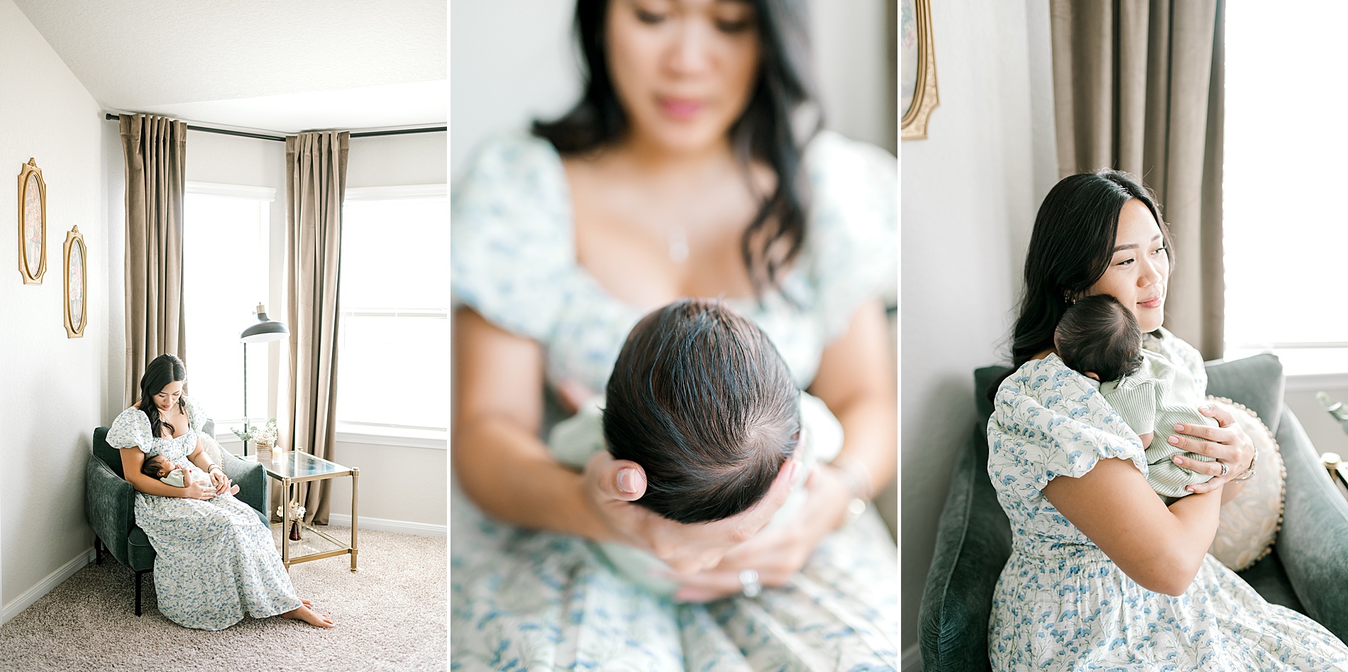 mom holds newborn in chair by window