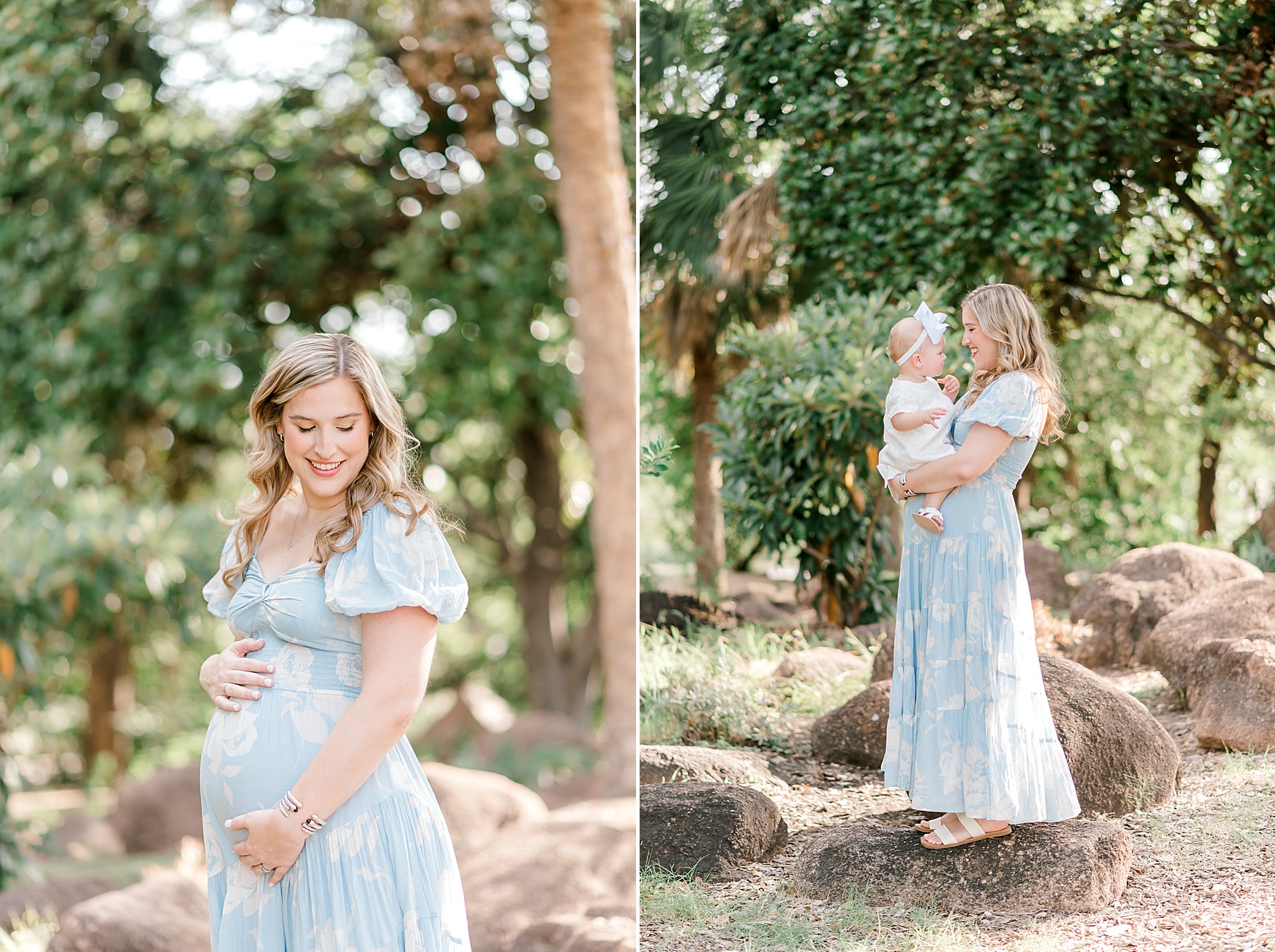 expectant mom holds first born daughter 