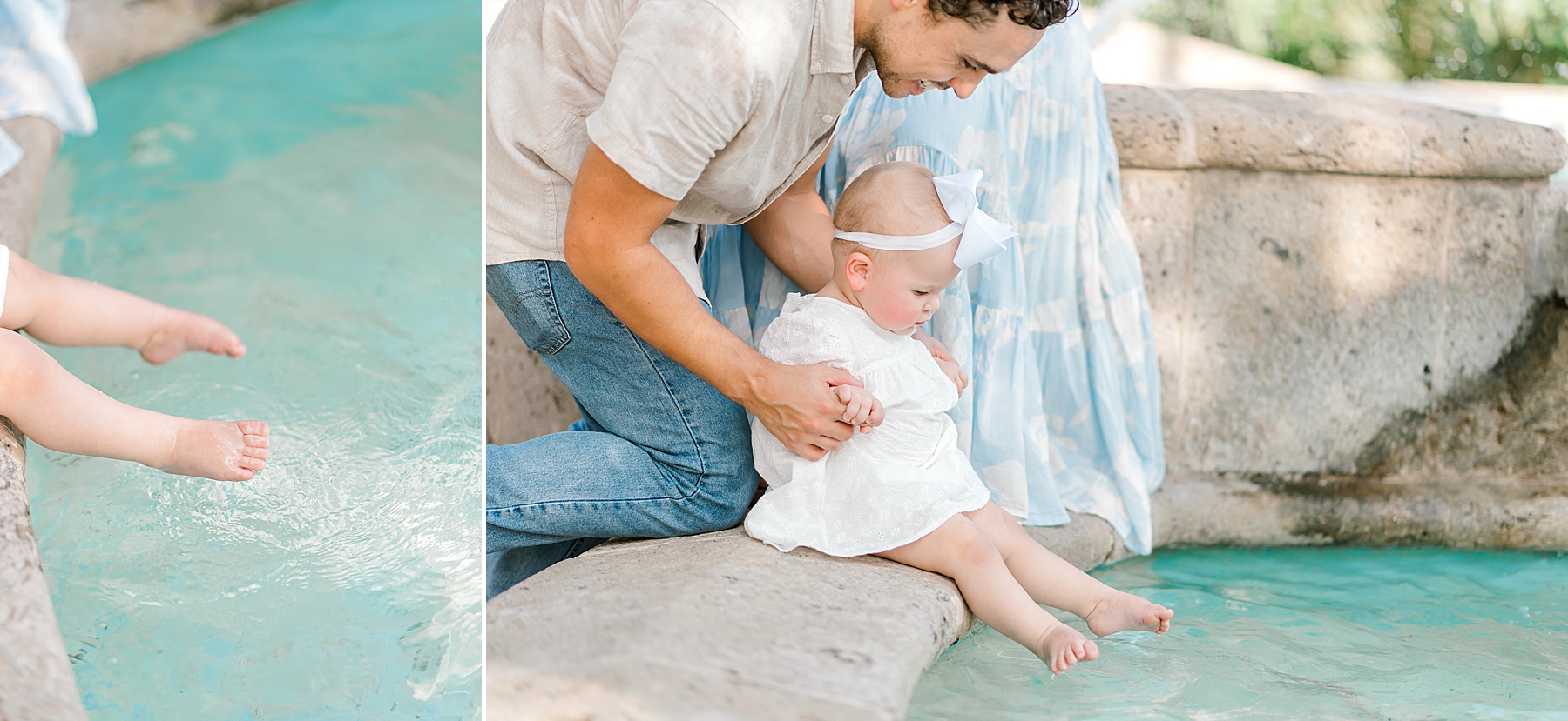little girl dips toes in water of fountain at The McNay Art Museum  in San Antonio, TX