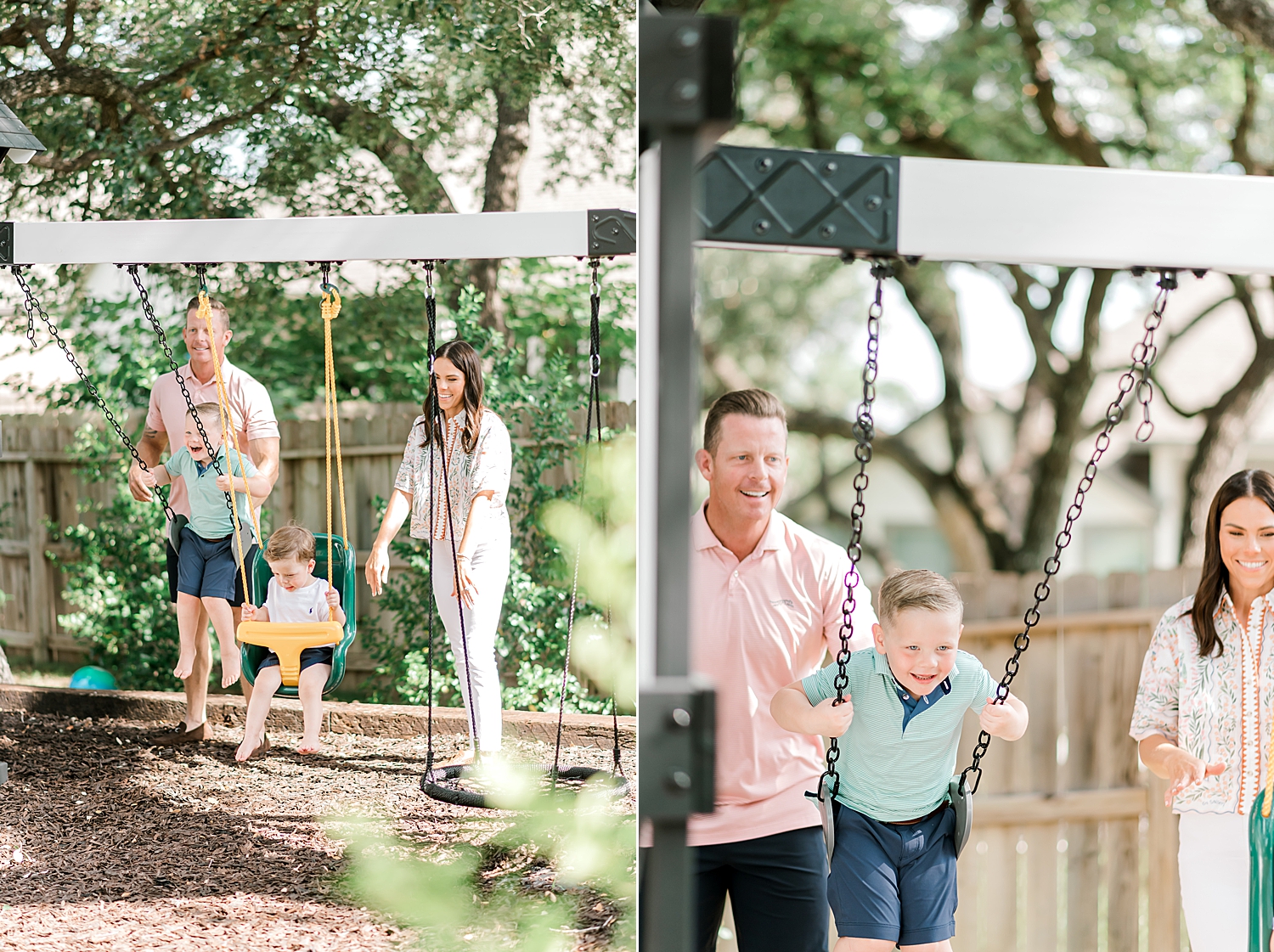 parents push kids on swings outside