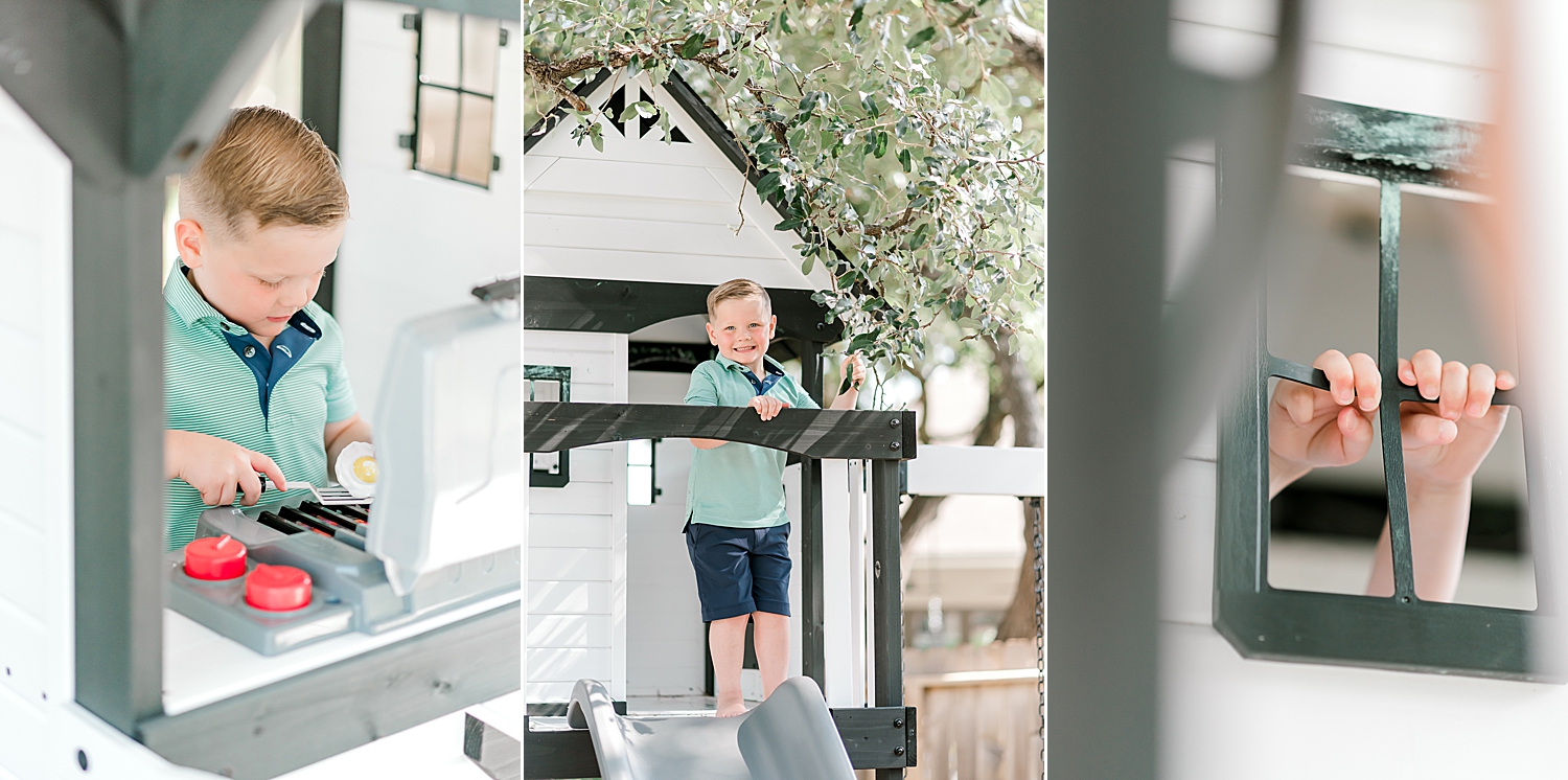 little boy plays in outdoor house during in-home family session