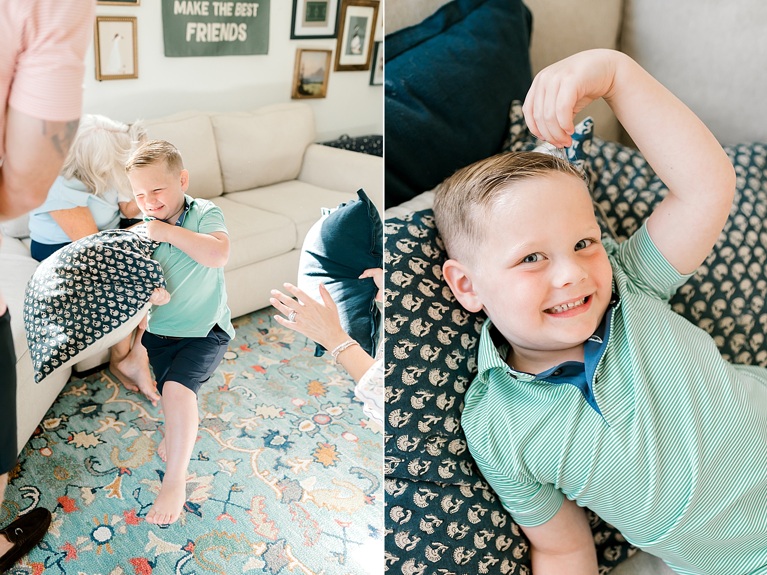 family pillow fight during candid in-home session