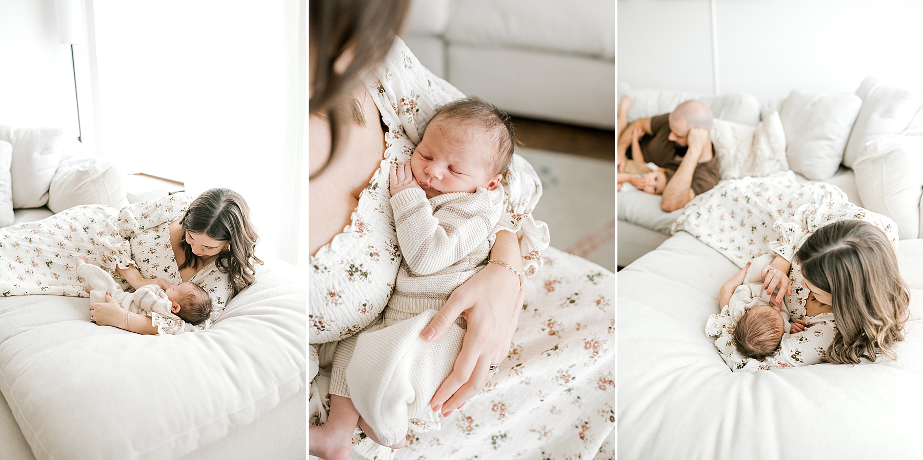 mom lays with newborn on couch 