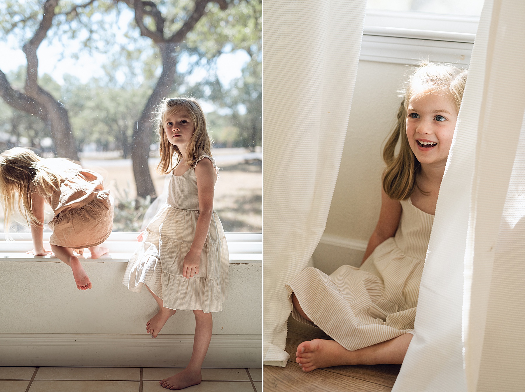 little girls playing under the window 