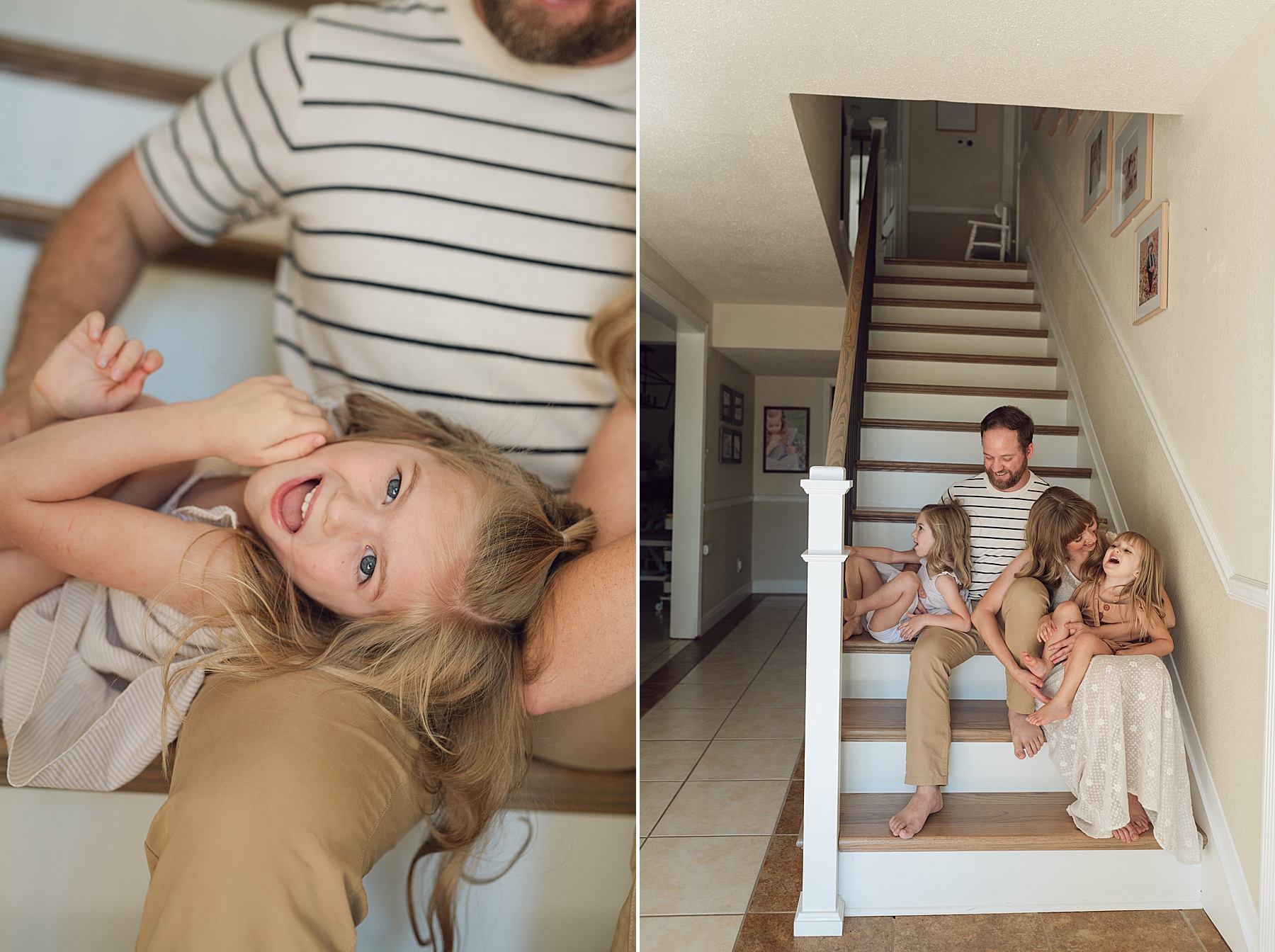 family sits on stairs of family home