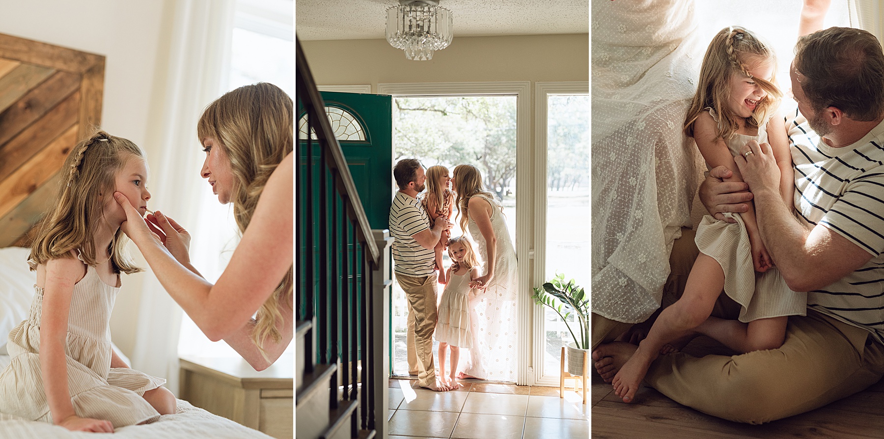 family of four by front door of home