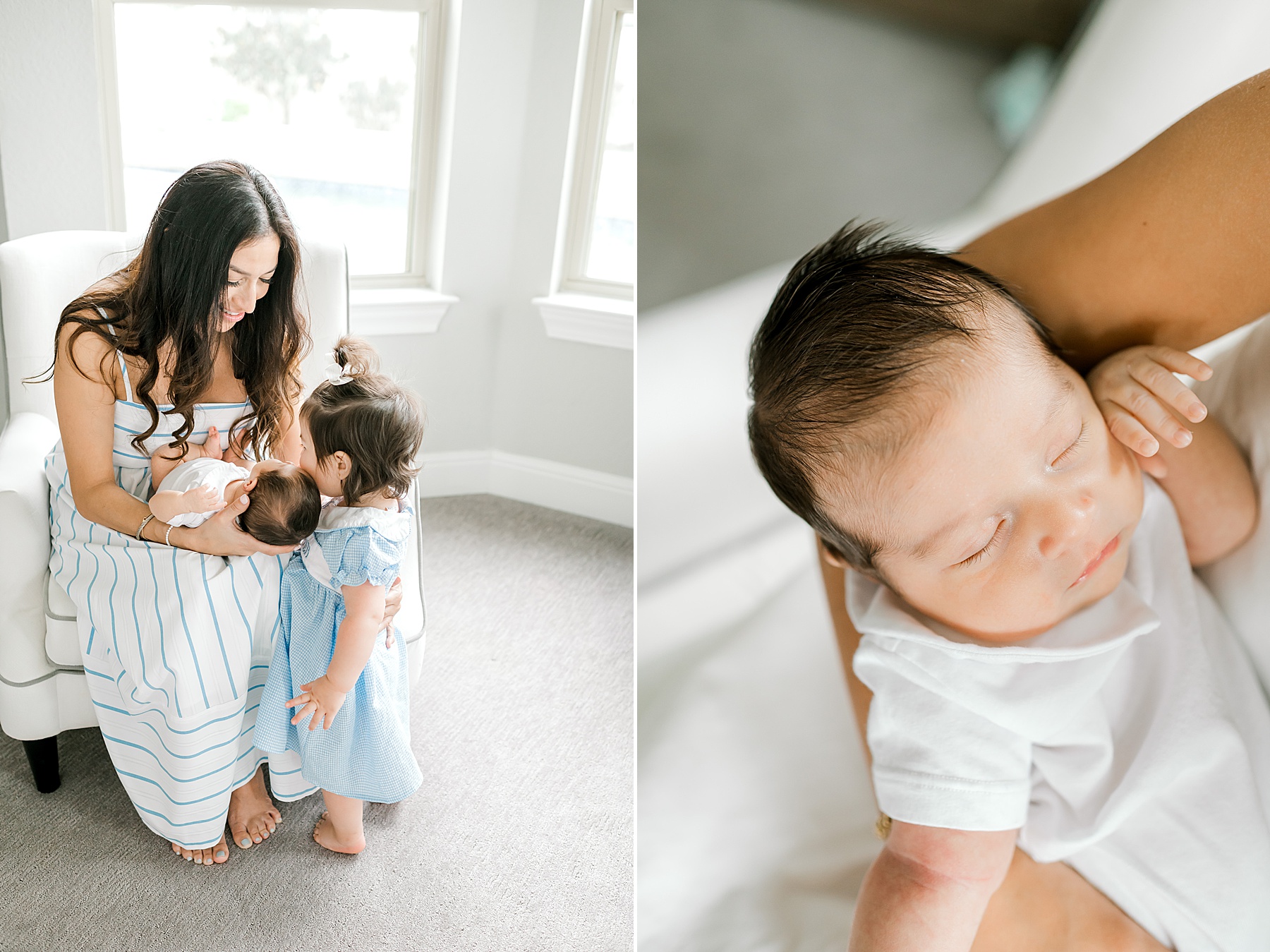 big sister look at newborn brother