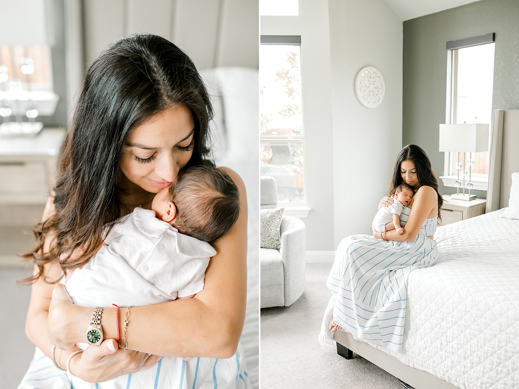 mom cradles newborn boy in arms during in-home session