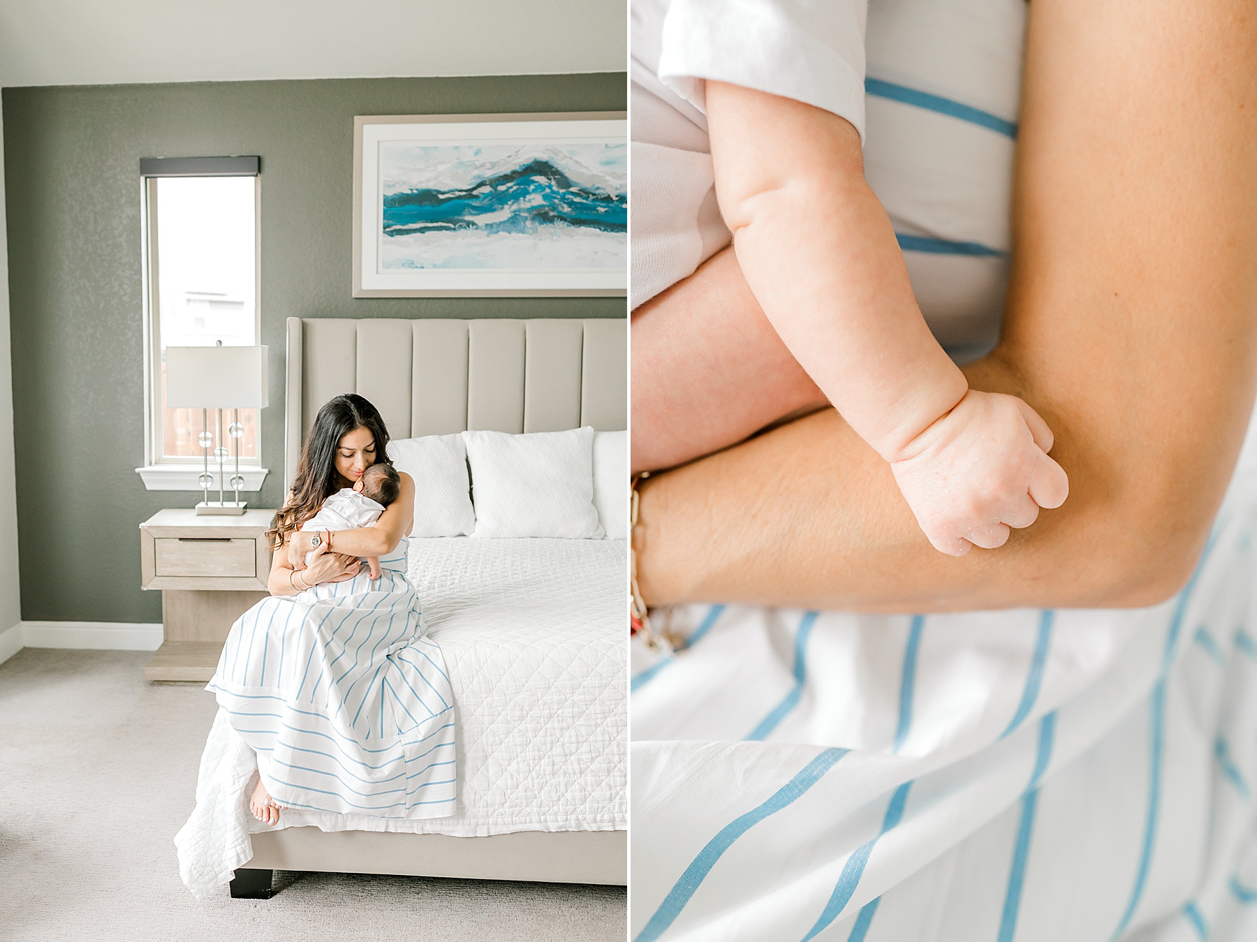 mom holds newborn close