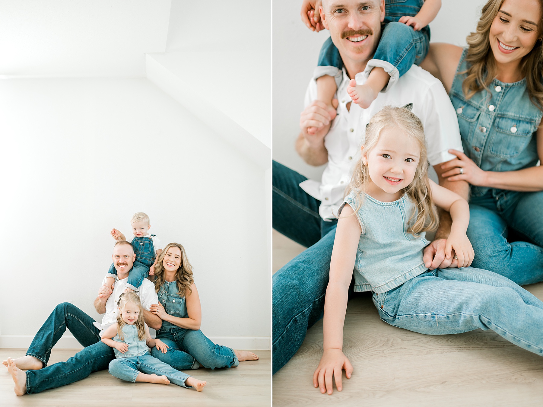 family of four dressed in denim for Casual Studio Family Session in Bulverde, TX