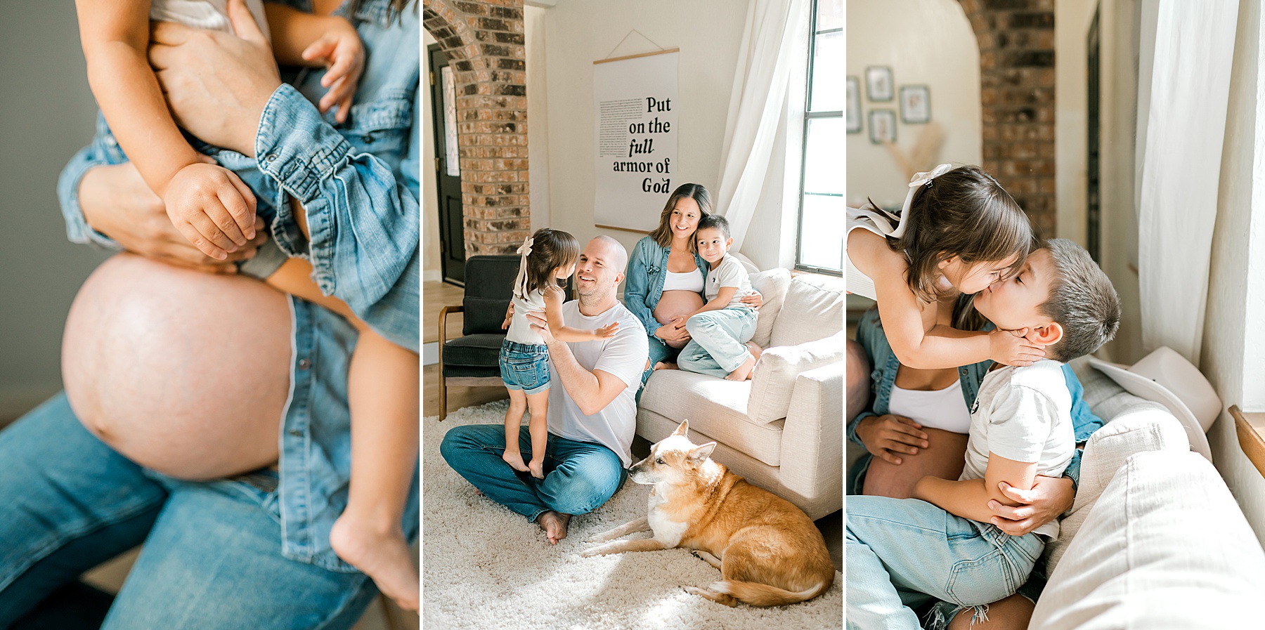 intimate in-home maternity session with older children 