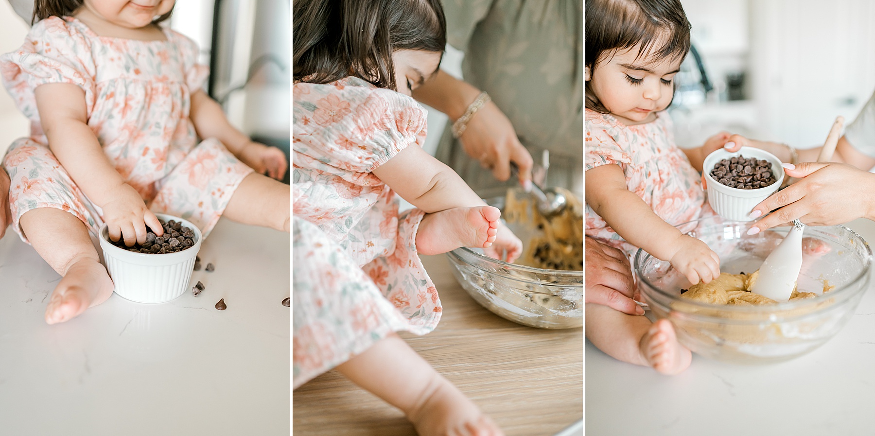 little girl mixes in chocolate chips to cookie batter