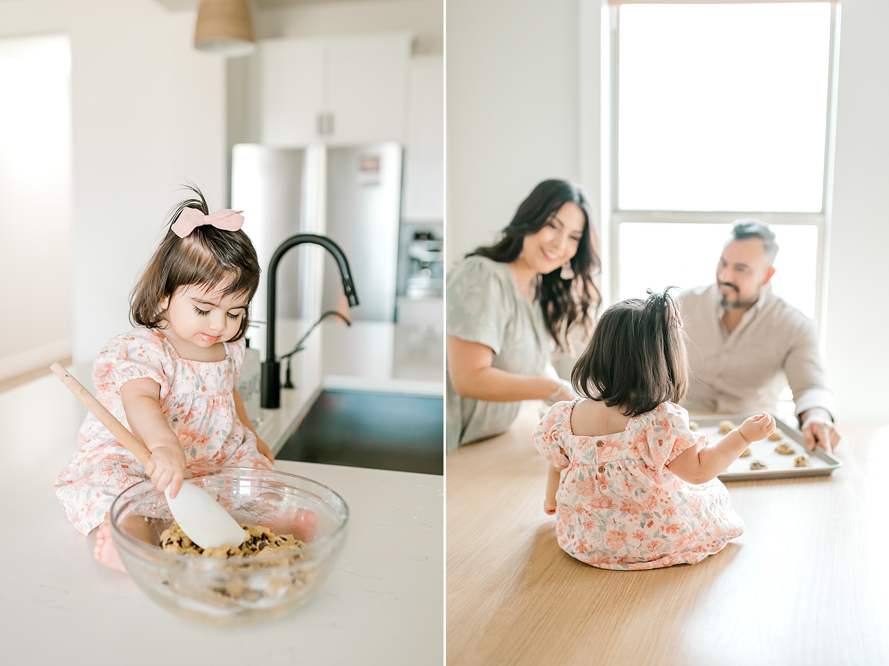 little girl helps mix up cookie batter during in-home family session