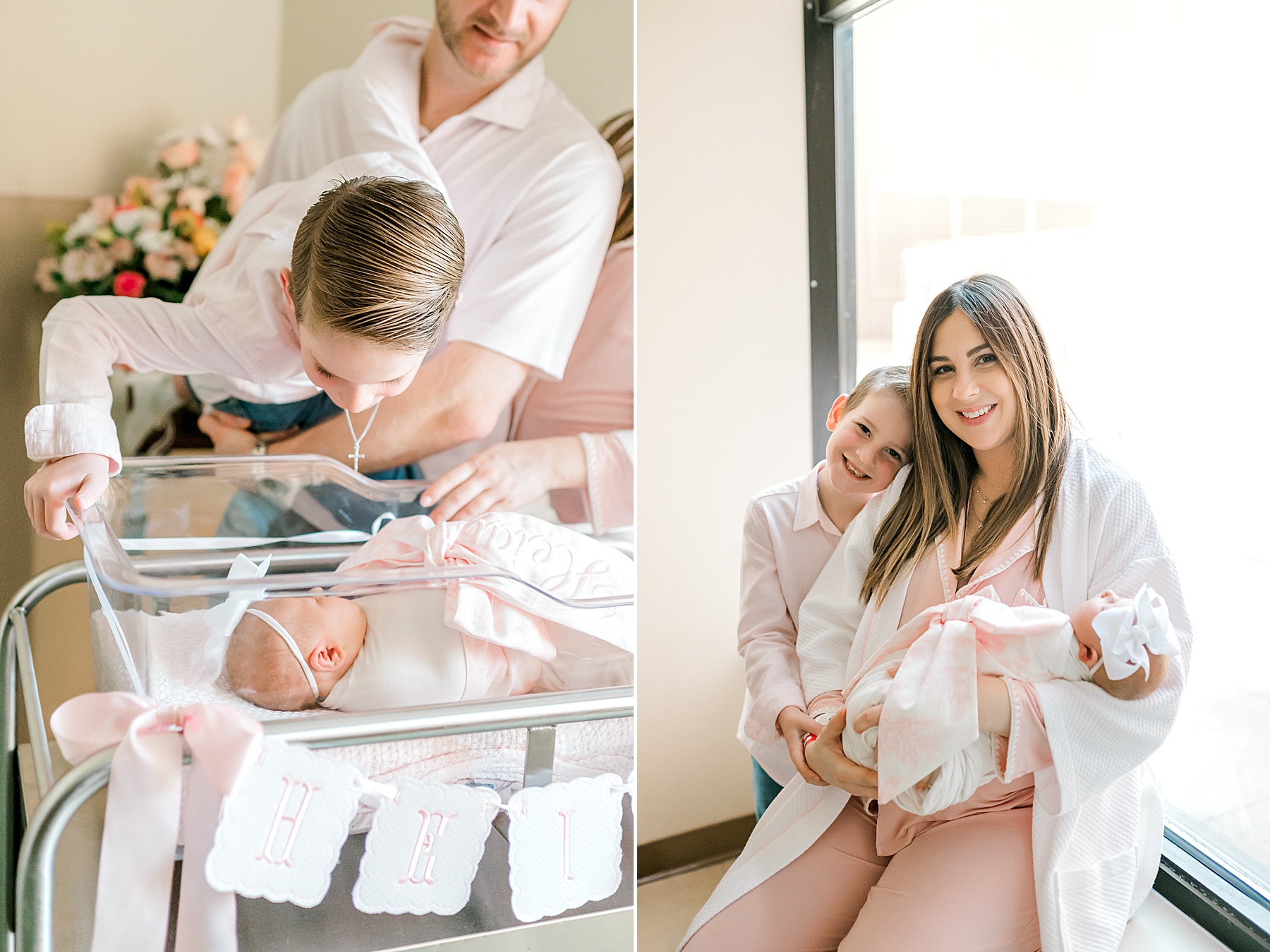 big brother leans over to see newborn sister