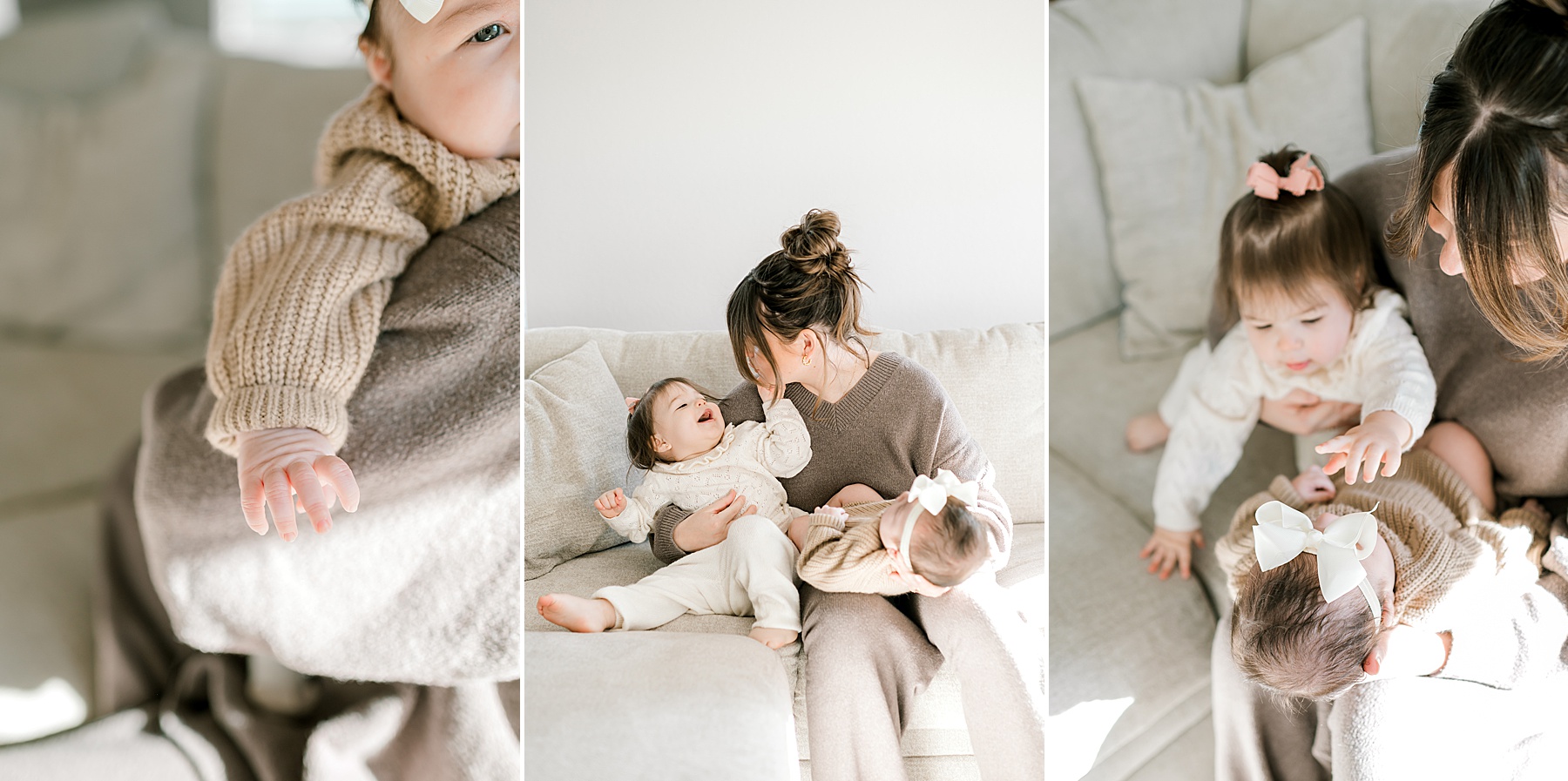 mom holds newborn and toddler during in-home lifestyle session  