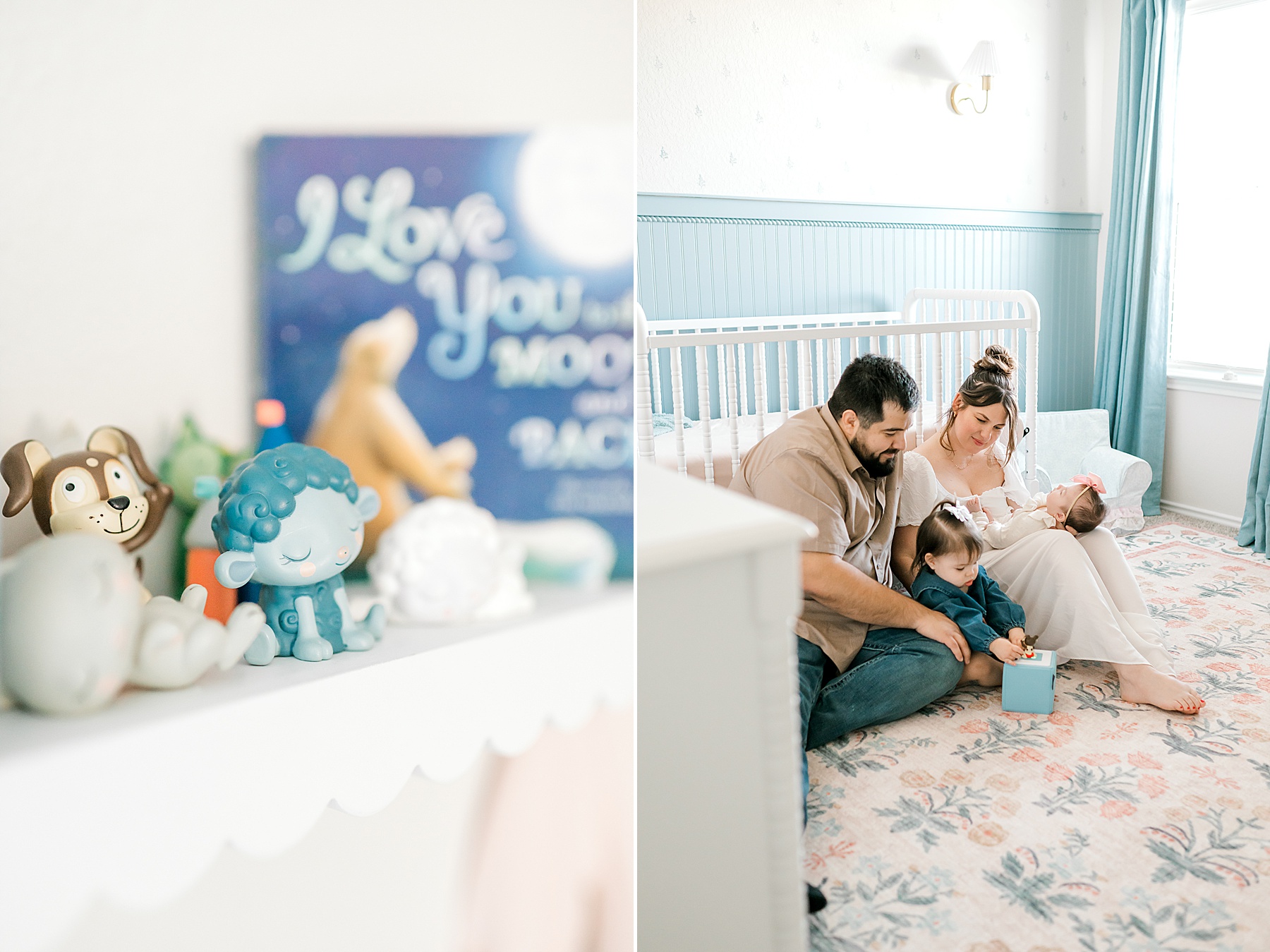 parents sit with their kids on floor of nursery