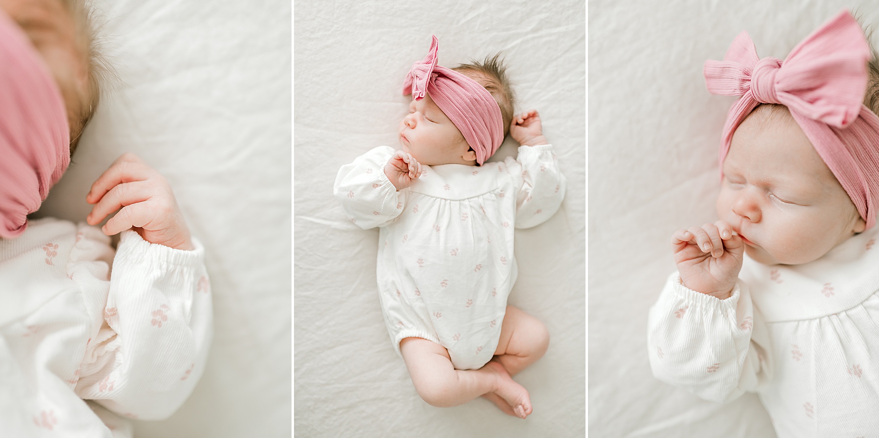 newborn girl portraits laying on bed 