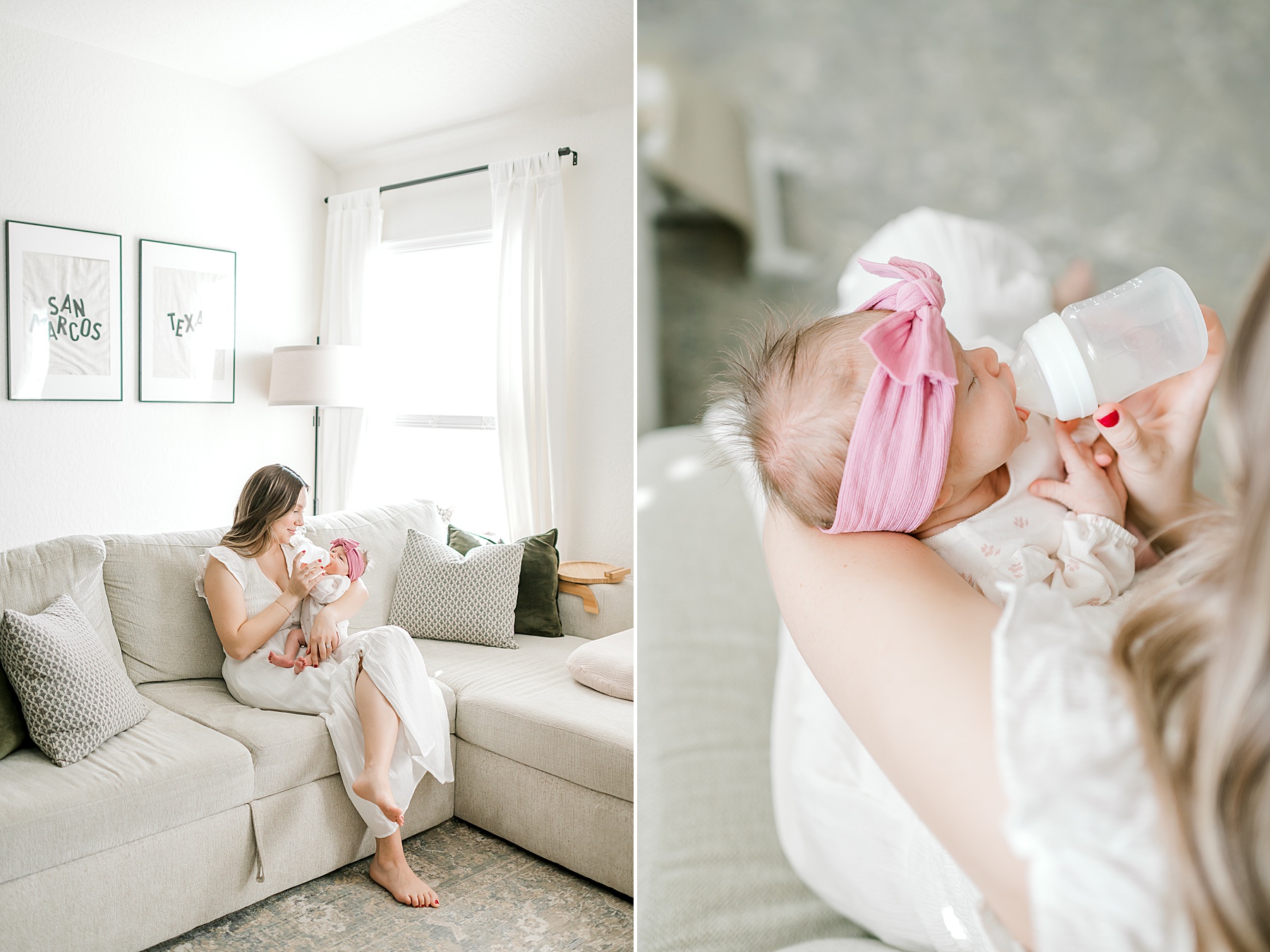 mom feeds newborn on couch during in-home lifestyle session