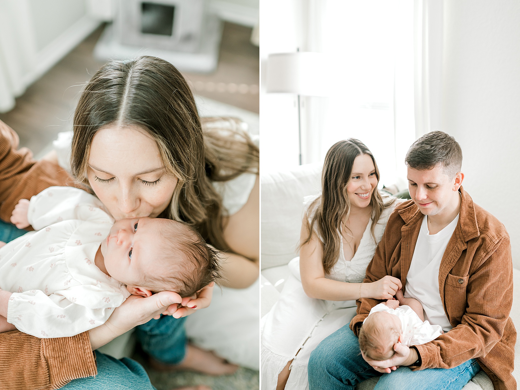 parents snuggle newborn during in-home session