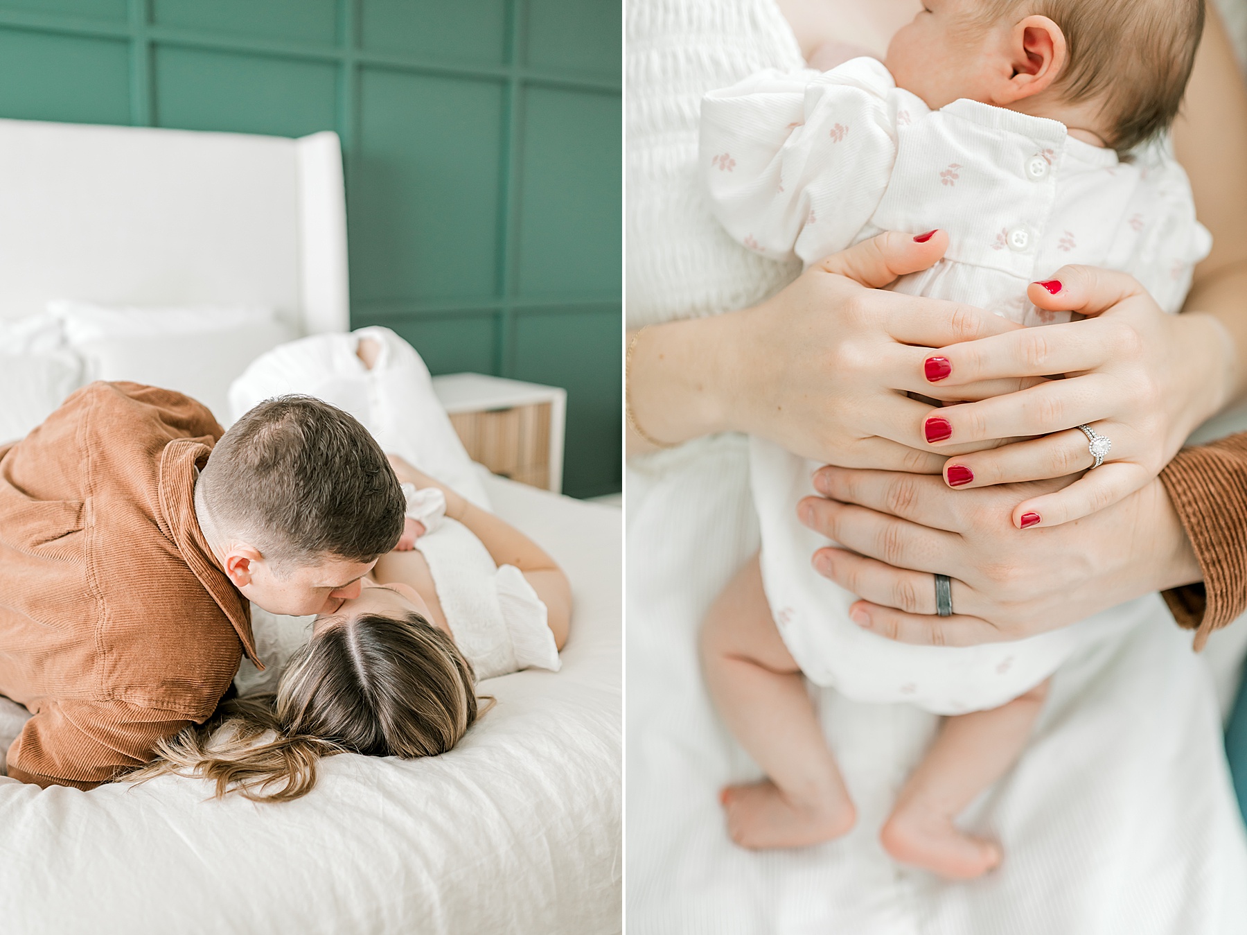 parents snuggle with newborn girl on bed