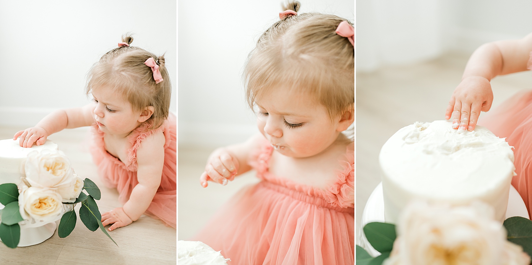 little girl pokes at cake during cake smash session 